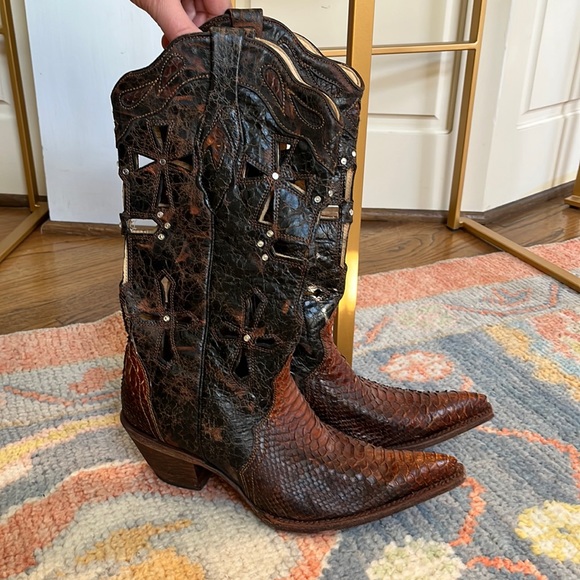 Corral Shoes - Corral Vintage Brown/Black Genuine Python Boots w/ Rhinetones & Cutout Design